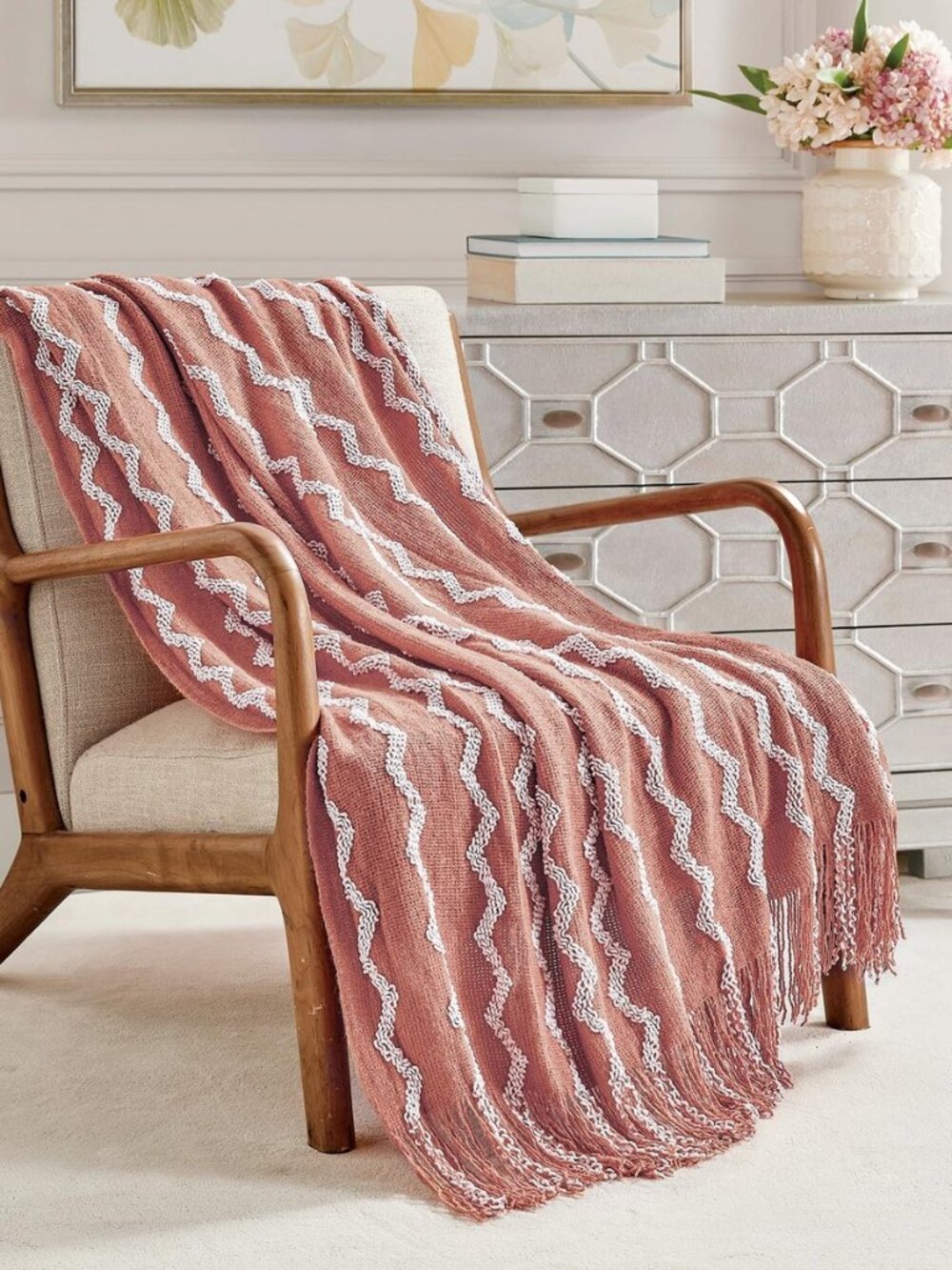 Knitted Throw Blanket Boho Chenille Sofa Blanket,Pink 50x60Inch